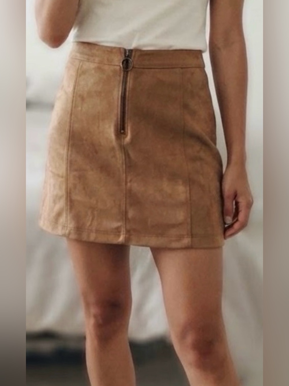 Old Navy Tan Faux-Suede Mini Skirt with Front Zip Ring